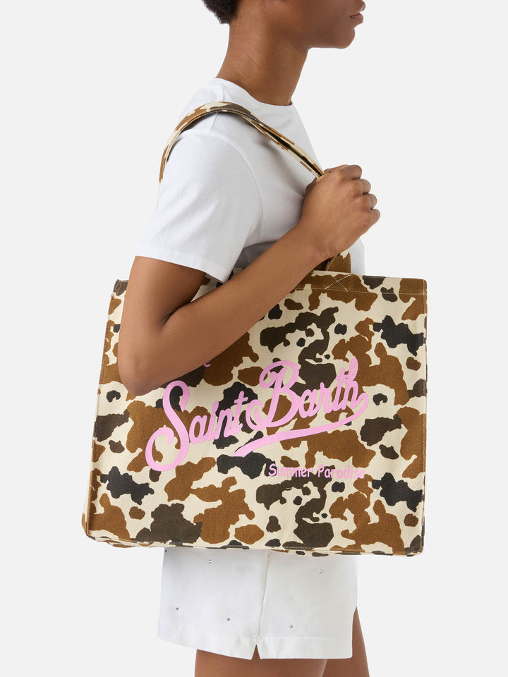 Bolso tote esencial de lona con estampado de vaca y logo estampado 