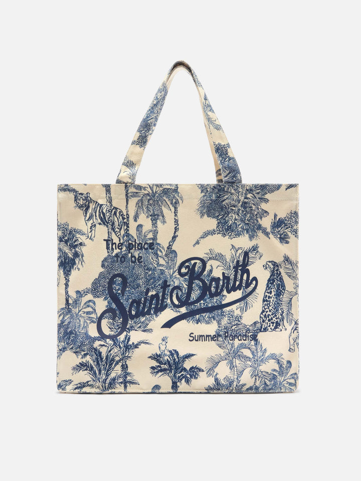Essential canvas tote bag with blue toile de jouy print