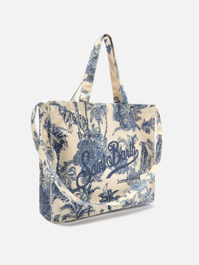 Essential canvas tote bag with blue toile de jouy print