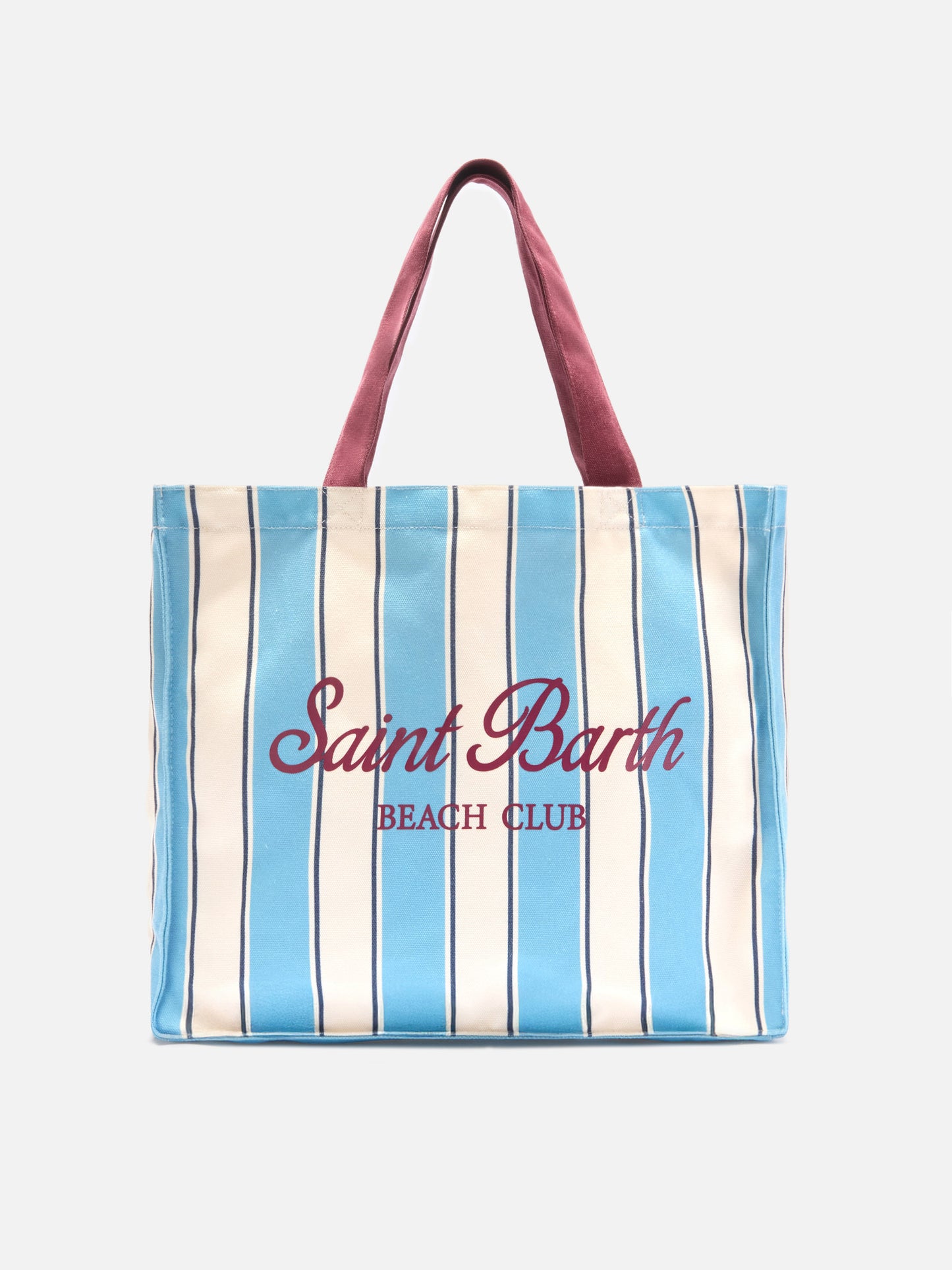 Essential canvas tote bag with light blue and white stripes and contrasting logo