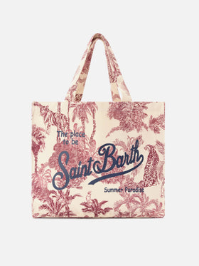 Borsa Essential in canvas con stampa toile de jouy bordeaux e logo stampato