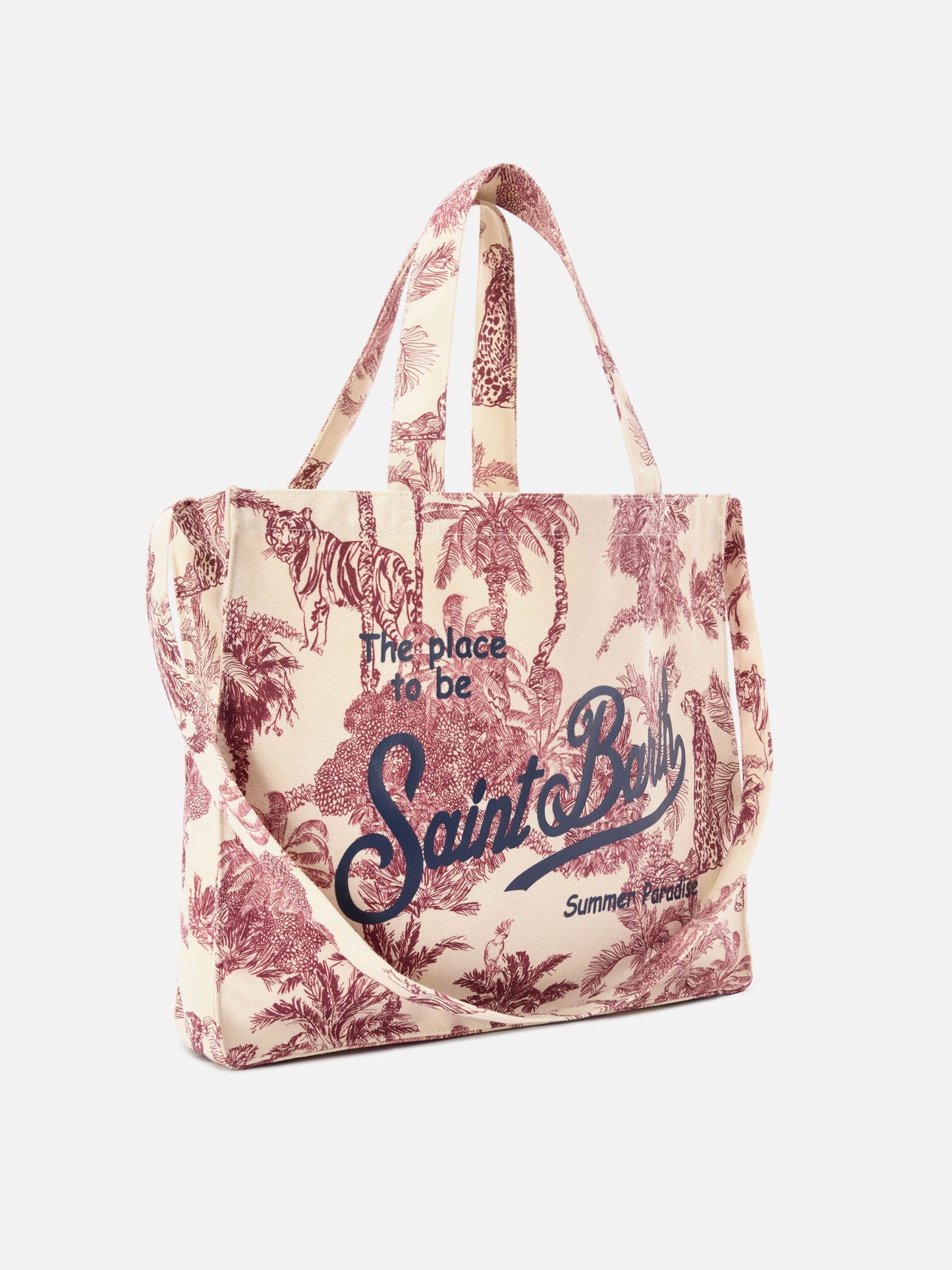 Borsa Essential in canvas con stampa toile de jouy bordeaux e logo stampato