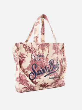Borsa Essential in canvas con stampa toile de jouy bordeaux e logo stampato