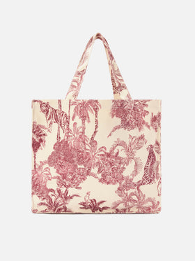 Borsa Essential in canvas con stampa toile de jouy bordeaux e logo stampato