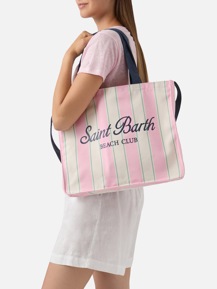 Essential canvas tote bag with pink, green and white stripes and contrasting logo