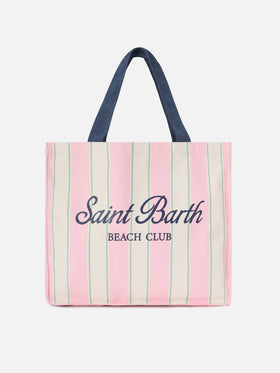Essential canvas tote bag with pink, green and white stripes and contrasting logo