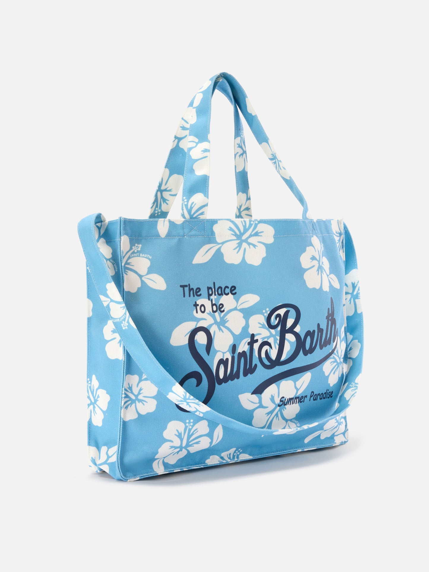 Borsa Essential in canvas con stampa hibiscus azzurra e logo a contrasto