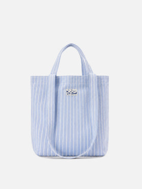 Essential Beach light blue and white striped cotton tote bag