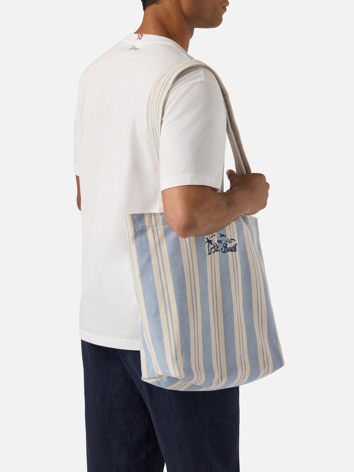 Essential Beach light blue and white striped cotton tote bag