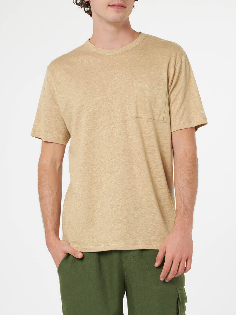 Man beige linen jersey t-shirt Ecstasea with pocket