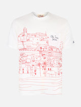 Man linen jersey t-shirt Ecstasea with Ibiza placed print and embroidered pocket