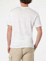 Man linen jersey t-shirt Ecstasea with Ibiza placed print and embroidered pocket