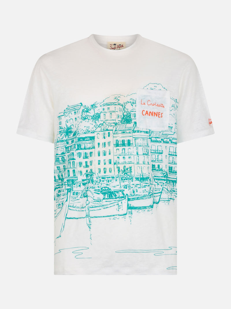 T-shirt da uomo Ecstasea in jersey di lino con stampa piazzata Cannes e taschino ricamato