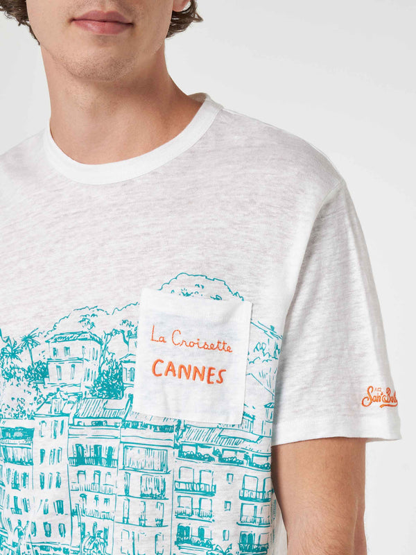 Man linen jersey t-shirt Ecstasea with Cannes placed print and embroidered pocket