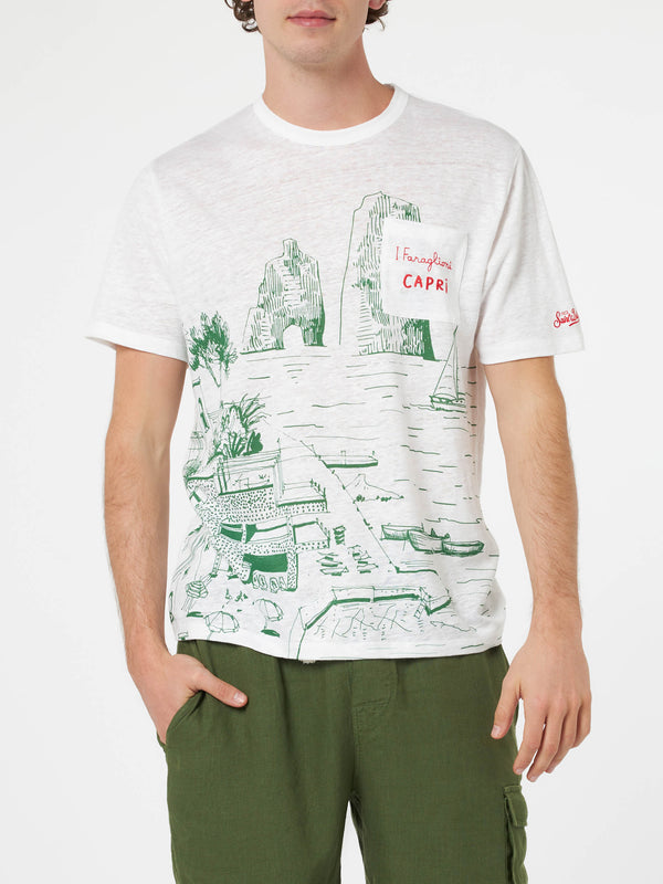 Herren-T-Shirt aus Leinenjersey Ecstasea mit platziertem Capri-Aufdruck und gestickter Tasche