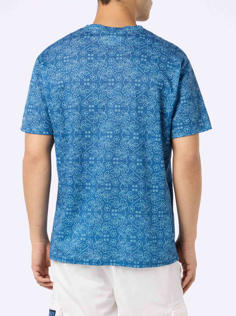 Man blue linen jersey t-shirt Ecstasea with sashiko print