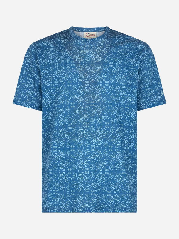 Man blue linen jersey t-shirt Ecstasea with sashiko print