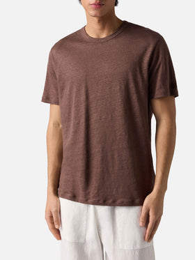 Brown Ecstasea pure linen t-shirt with logo embroidery