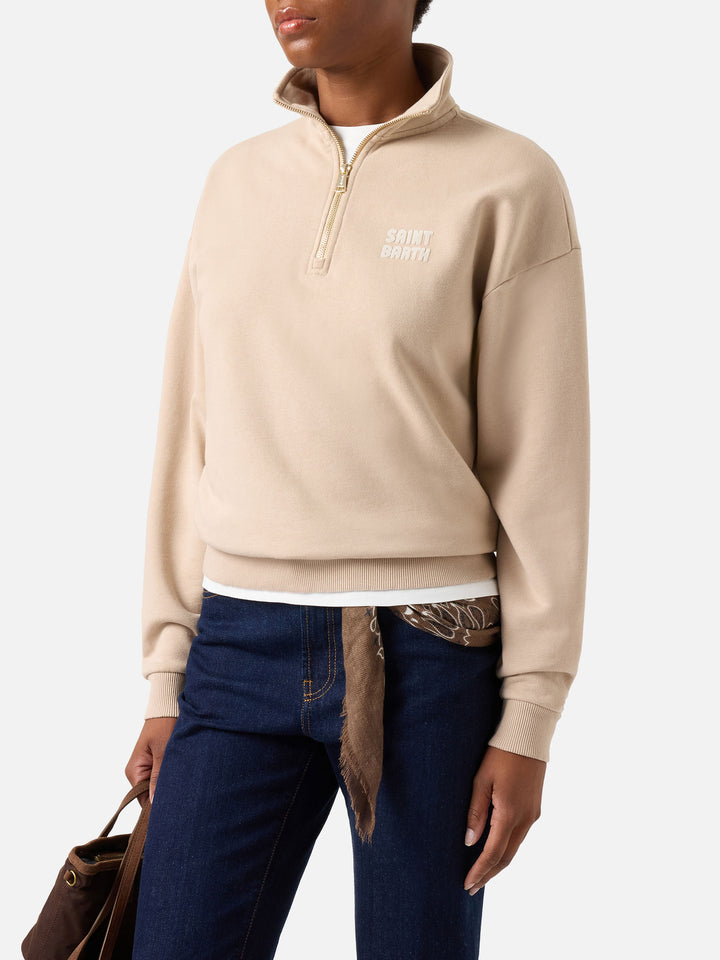 Beiges Baumwoll-Sweatshirt Eliade mit Halbzip und Flocklogo 