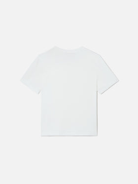 Elly T-shirt in white cotton with leopard print and Tutta la mamma embroidery