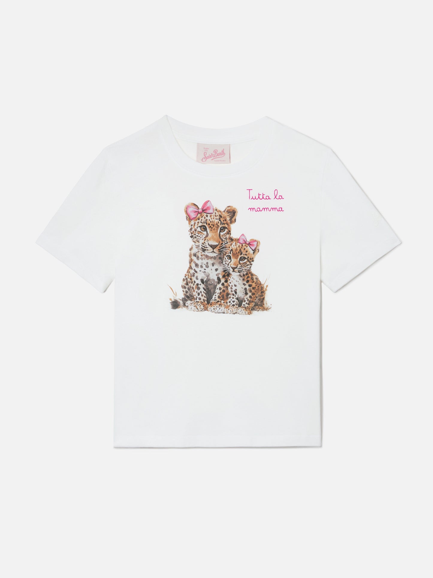 Elly T-Shirt aus weißer Baumwolle mit Leopardenprint und „Tutta la mamma“-Stickerei 
