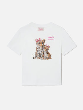 Elly T-Shirt aus weißer Baumwolle mit Leopardenprint und „Tutta la mamma“-Stickerei 