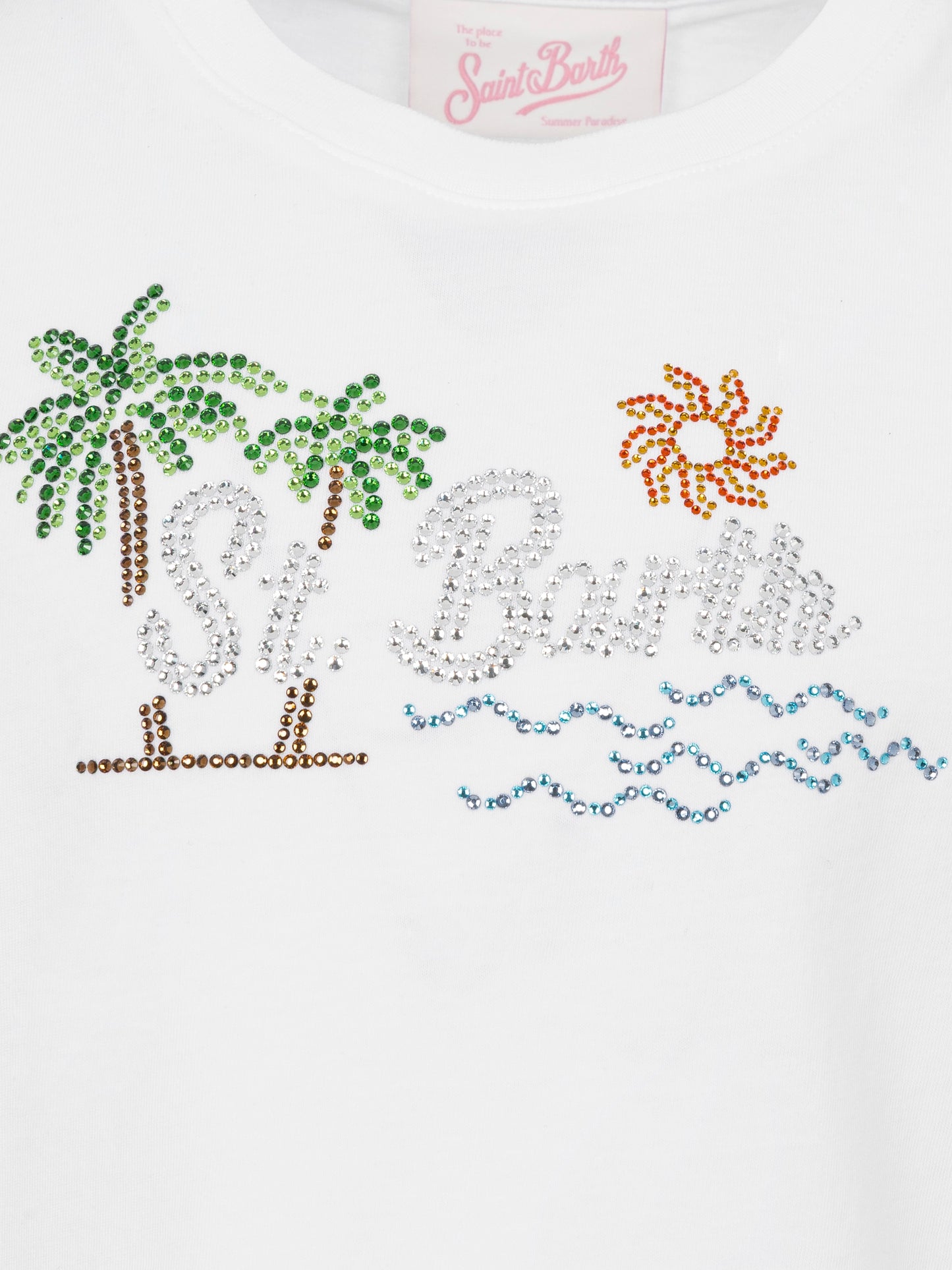 Elly T-Shirt aus Baumwolljersey mit Rundhalsausschnitt und Saint Barth Sunset-Strass-Design