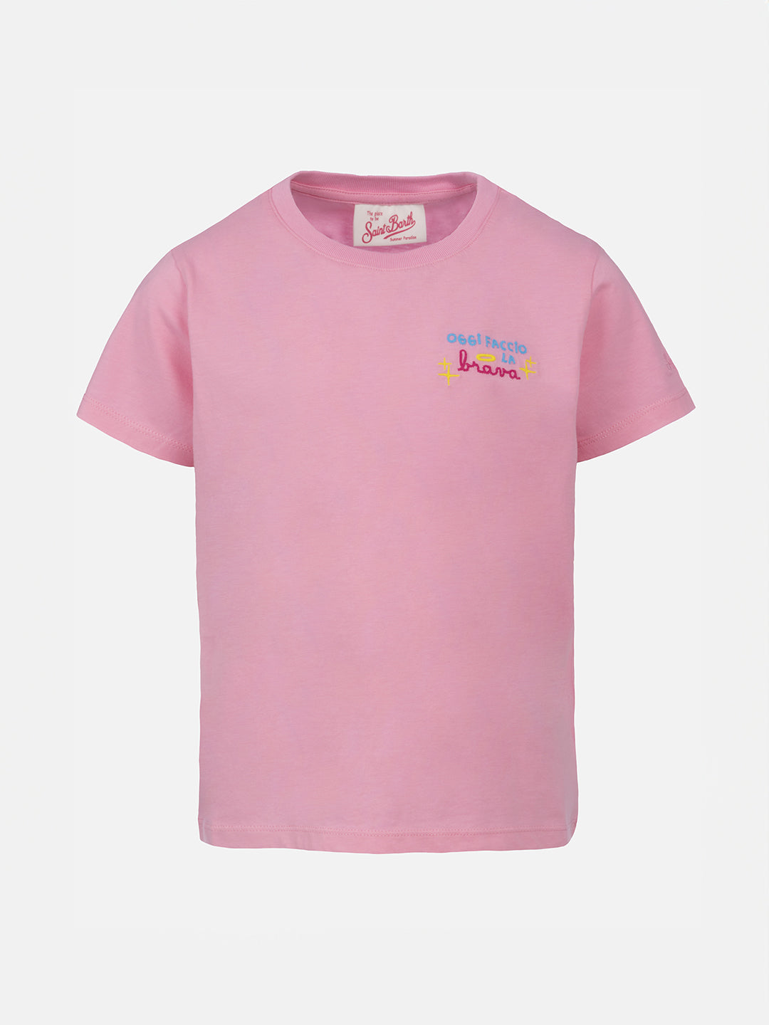 T-shirt girocollo da bambina Elly in jersey di cotone con ricamo Oggi faccio la brava