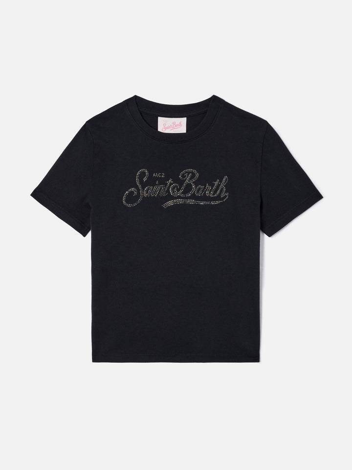 T-shirt Elly nera in cotone con applicazione Saint Barth in strass