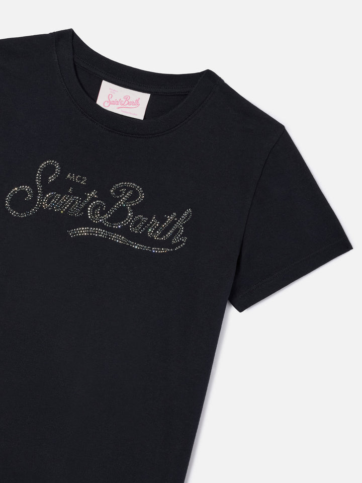 T-shirt Elly nera in cotone con applicazione Saint Barth in strass