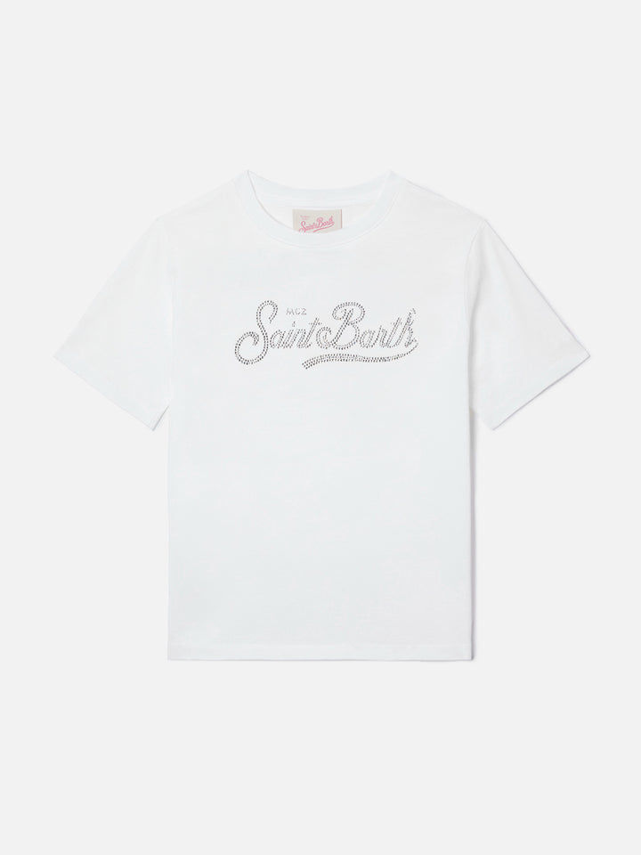 T-shirt Elly in cotone bianca con applicazione Saint Barth in strass