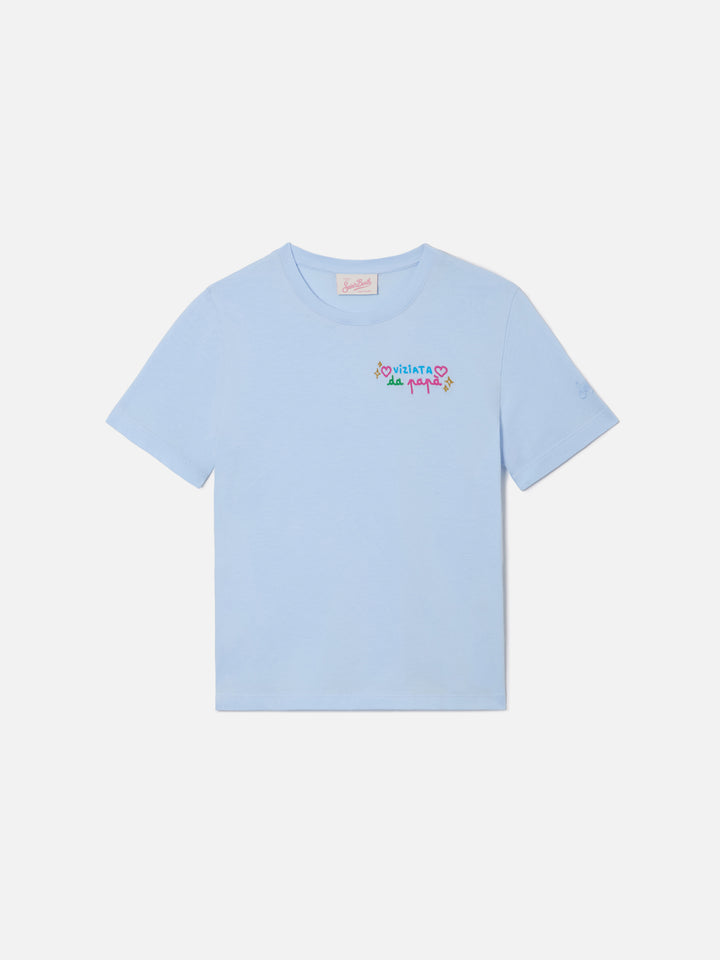 Elly T-shirt in light blue cotton with Viziata da papà embroidery