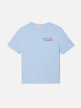Elly T-Shirt aus hellblauer Baumwolle mit Stickerei „Viziata da papà“ 