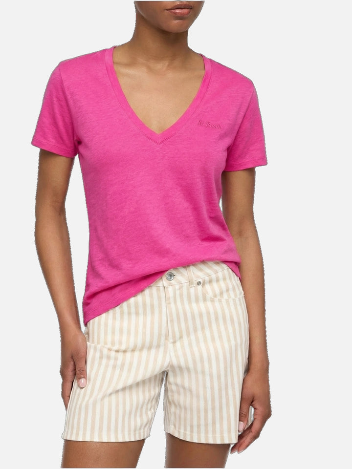Eloise t-shirt scollo a V in jersey di lino rosa fluo