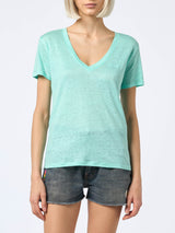 Woman linen jersey sage green V-neck t-shirt Eloise