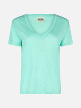 Linen jersey sage green V-neck t-shirt Eloise