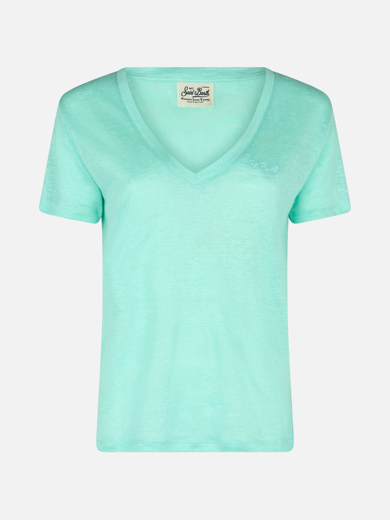 Salbeigrünes T-Shirt mit V-Ausschnitt Eloise aus Leinenjersey