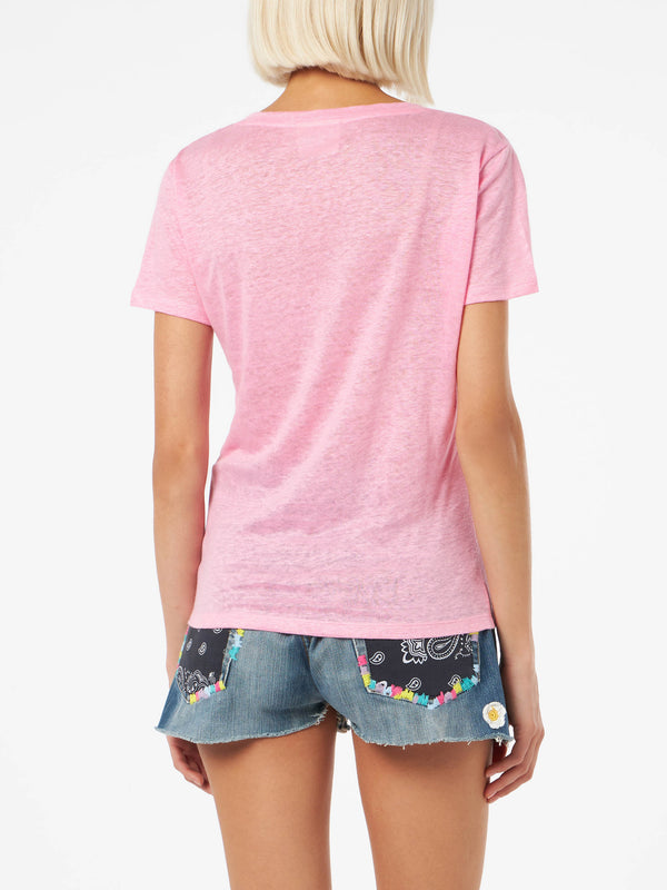 T-shirt scollo a V rosa Eloise in jersey di lino