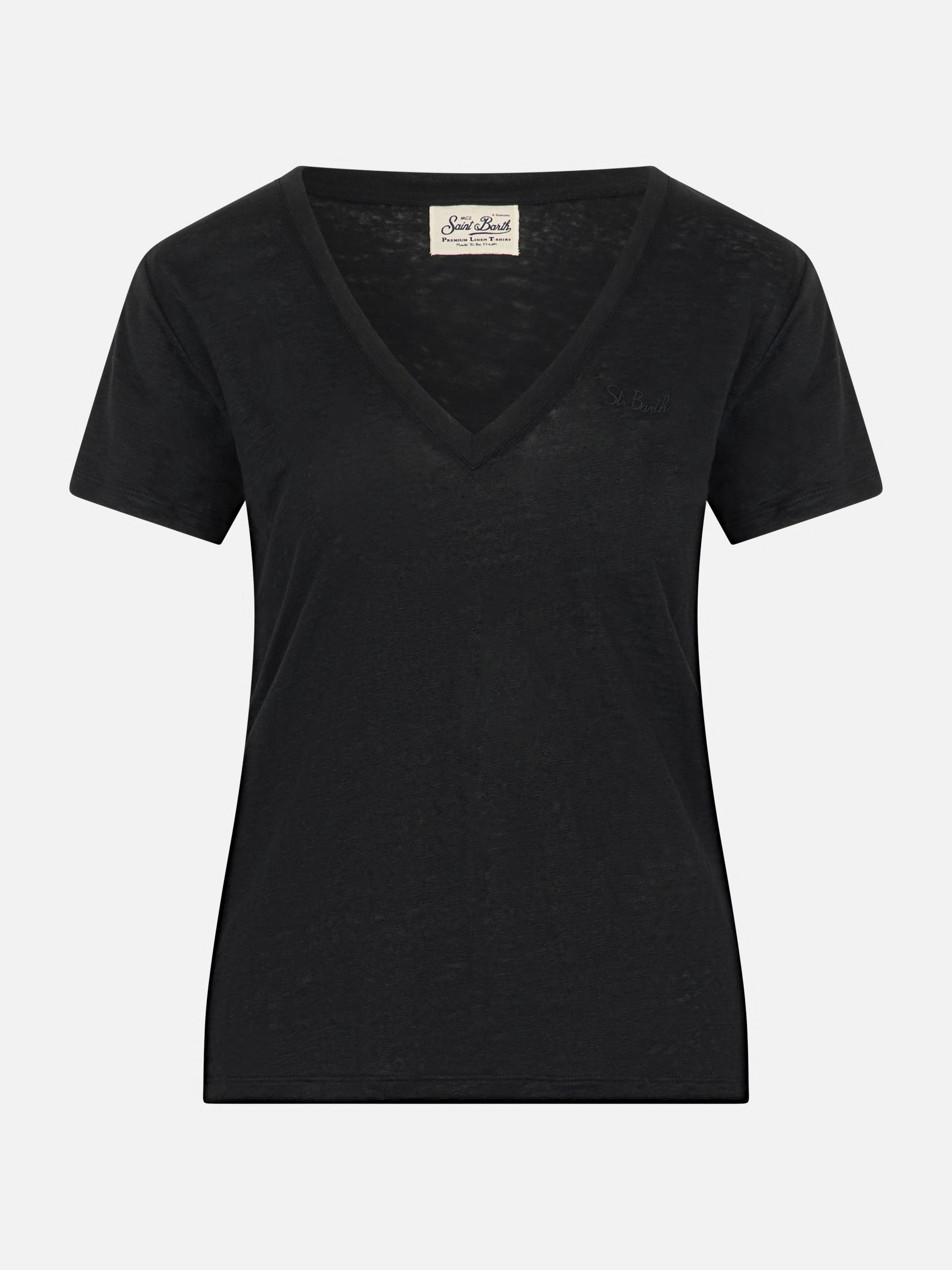 Linen jersey black V-neck t-shirt Eloise - MC2 Saint Barth