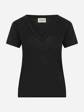 Linen jersey black V-neck t-shirt Eloise - MC2 Saint Barth