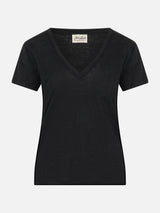 T-shirt nera scollo a V Eloise in jersey di lino