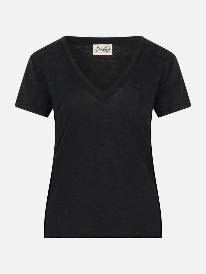 T-shirt nera scollo a V Eloise in jersey di lino