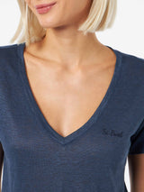 Linen jersey navy blue V-neck t-shirt Eloise