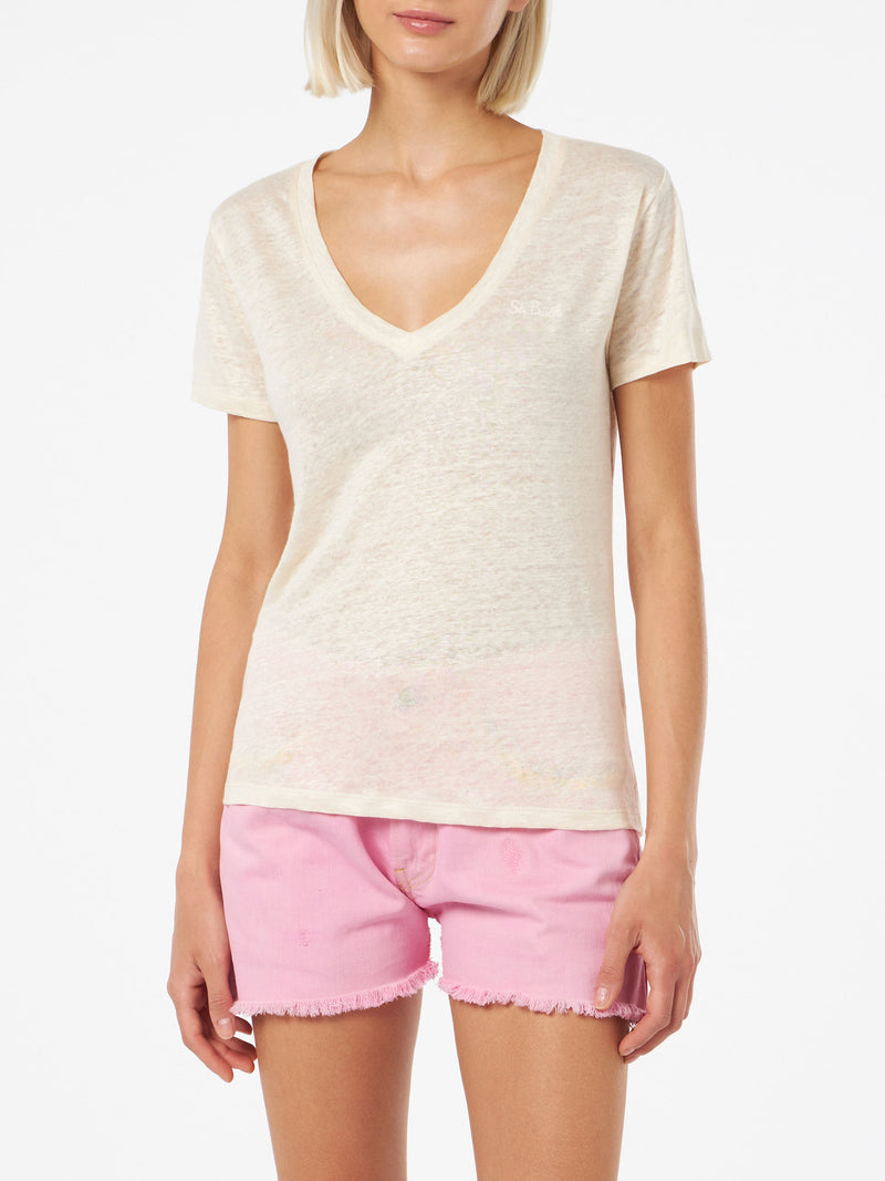 Linen jersey off-white V-neck t-shirt Eloise