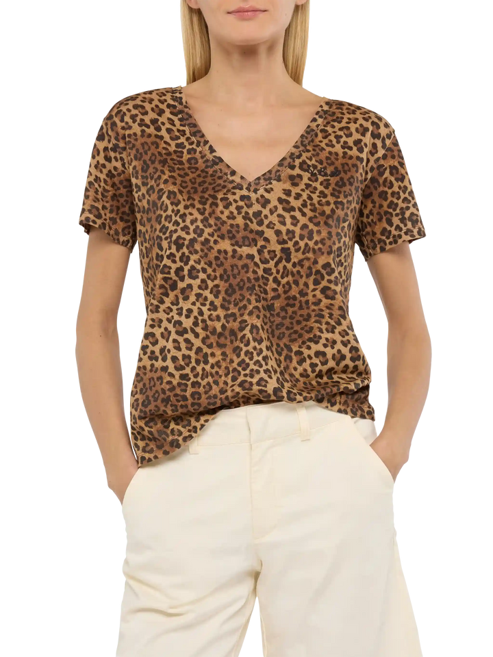 Leinenjersey-T-Shirt Eloise mit V-Ausschnitt und Animalier-Print