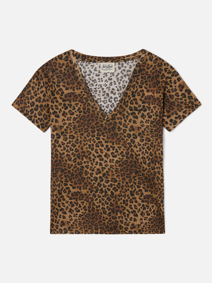 Eloise leopard linen t-shirt with logo embroidery