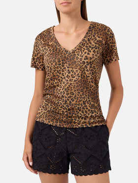 Camiseta de lino con estampado de leopardo Eloise y bordado con logo 