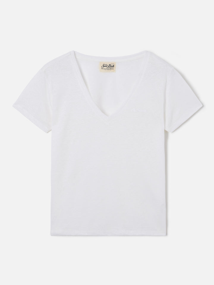 Camiseta Eloise de lino blanco con logotipo bordado 