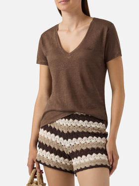 Brown linen Eloise T-shirt with embroidered logo