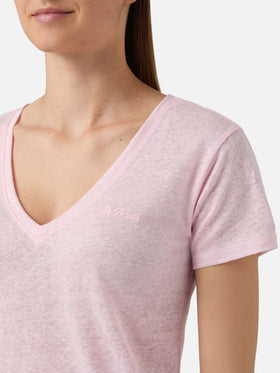 T-shirt Eloise in lino rosa con logo ricamato